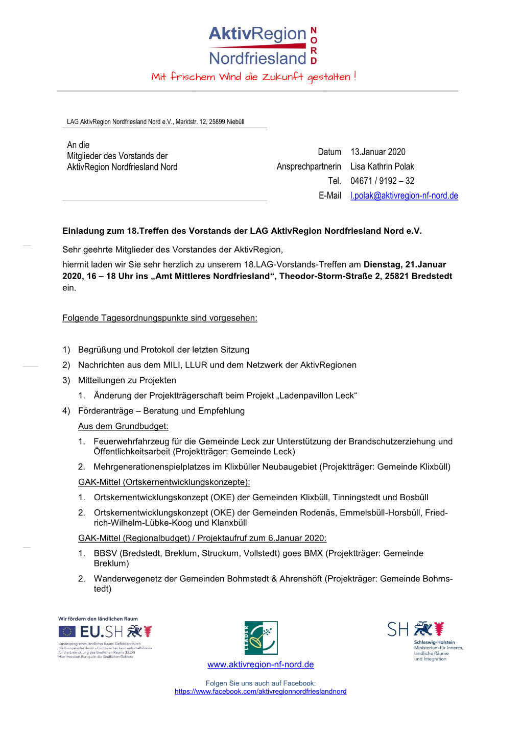 Einladung Zum 18.Treffen Des Vorstands Der LAG Aktivregion Nordfriesland Nord E.V