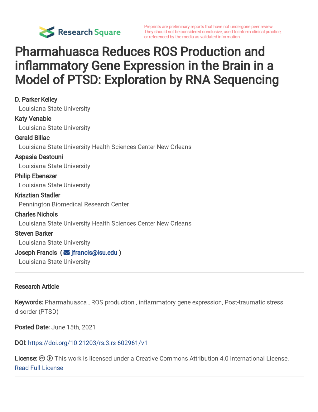 Pharmahuasca Reduces ROS Production and in Ammatory Gene Expression in the Brain in a Model of PTSD