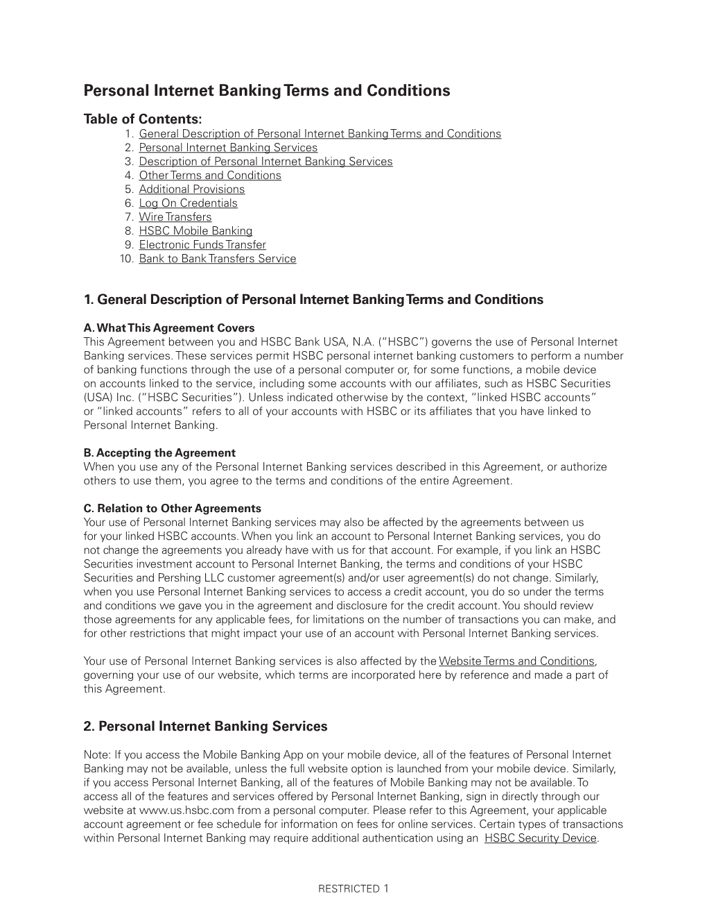 Personal Internet Banking Terms and Conditions Table of Contents: 1