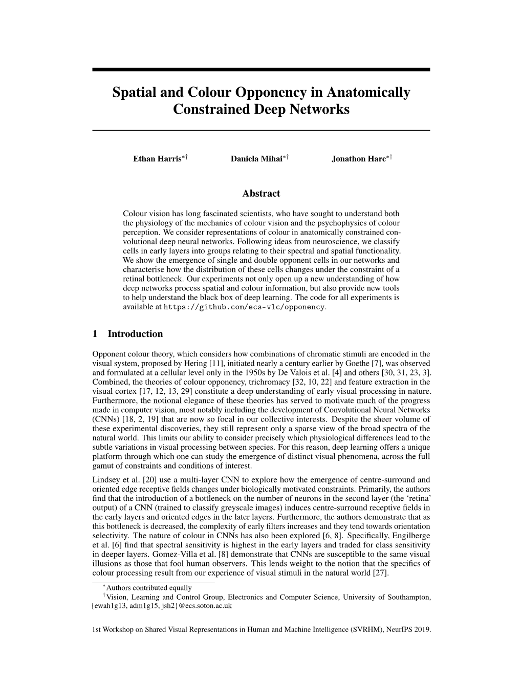 Spatial and Colour Opponency in Anatomically Constrained Deep Networks