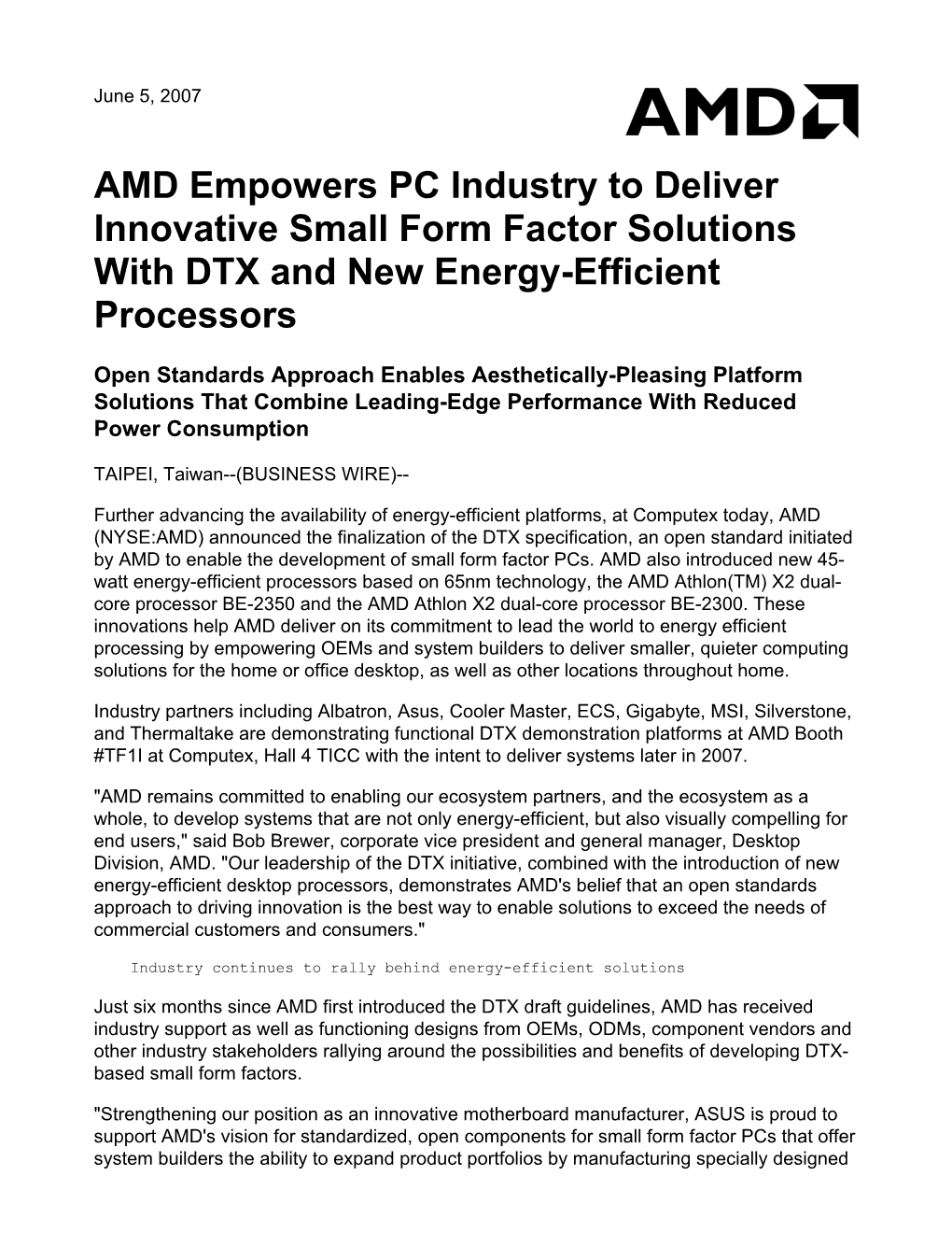 AMD Empowers PC Industry to Deliver Innovative Small Form Factor Solutions with DTX and New Energy-Efficient Processors