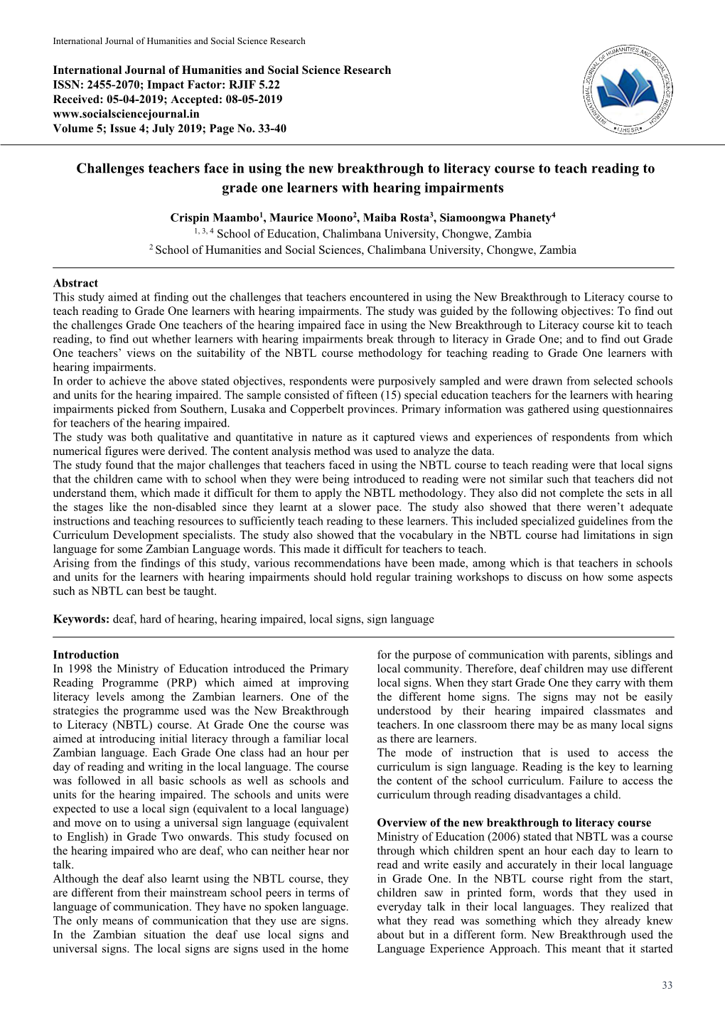 Challenges Teachers Face in Using the New Breakthrough to Literacy Course to Teach Reading to Grade One Learners with Hearing Impairments