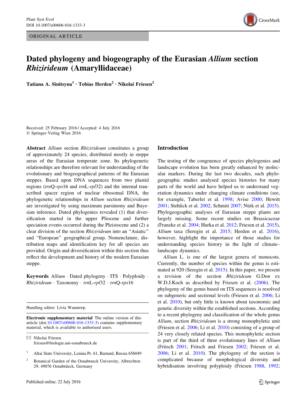 Dated Phylogeny and Biogeography of the Eurasian Allium Section Rhizirideum (Amaryllidaceae)