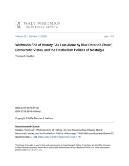 Whitman's End of History: "As I Sat Alone by Blue Ontario's Shore," Democratic Vistas, and the Postbellum Politics of Nostalgia