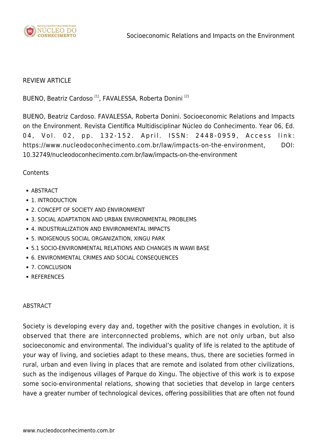 Socioeconomic Relations and Impacts on the Environment