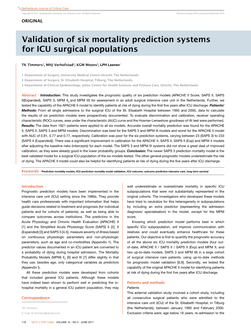 Validation of Six Mortality Prediction Systems for ICU Surgical Populations