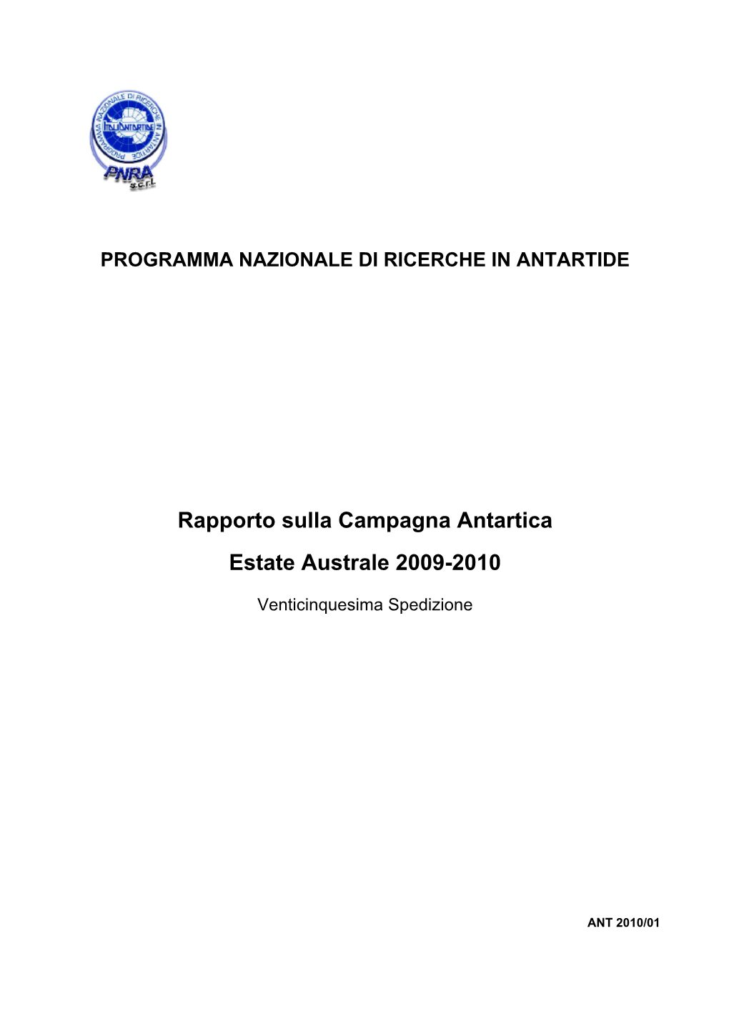 Rapporto Sulla Campagna Antartica Estate Australe 2009-2010