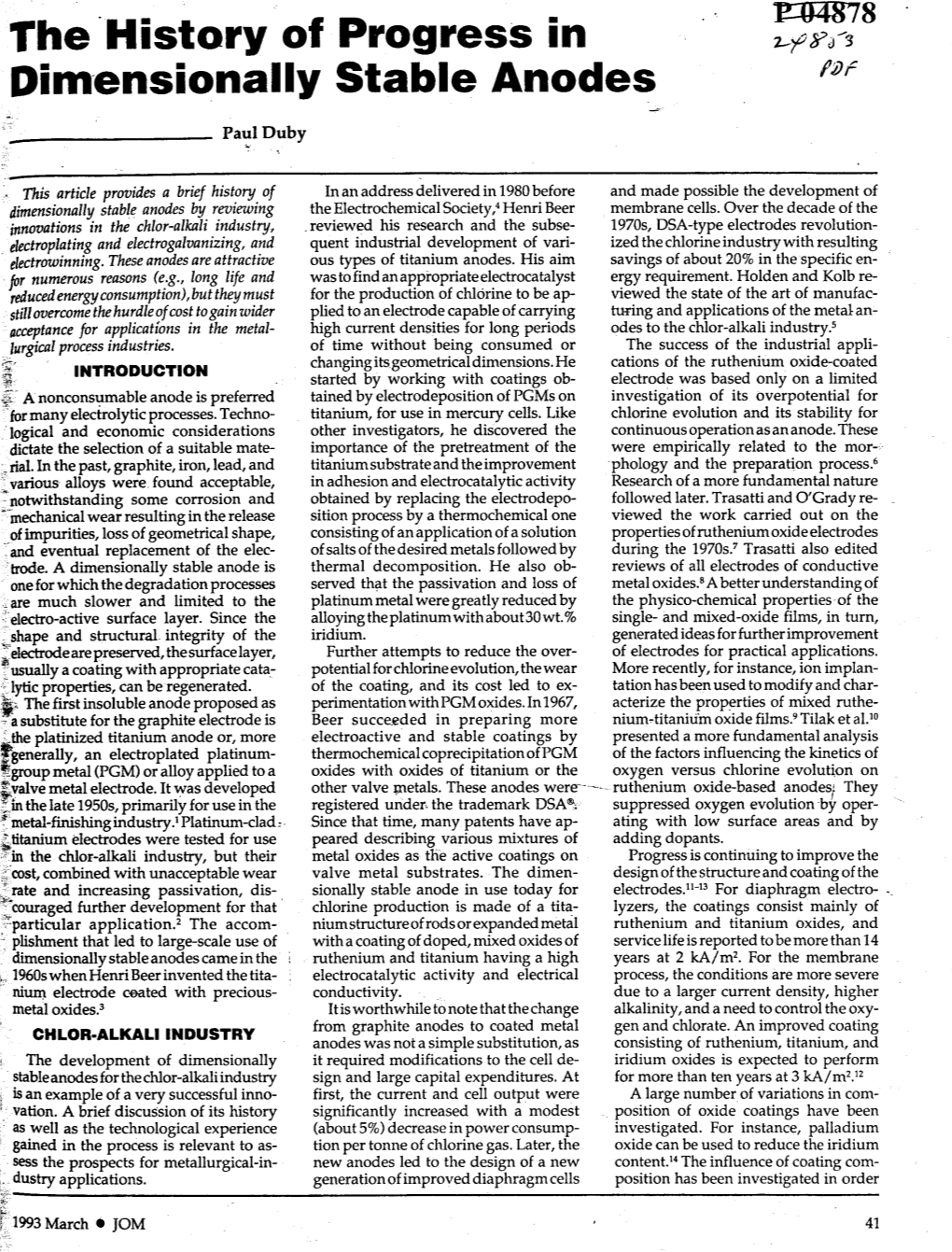 The History of Progress in Dimensionally Stable Anodes