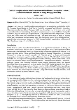 Textual Analysis of the Relationship Between Eileen Chang and United States Information Service in Hong Kong (USIS-HK) Lihui