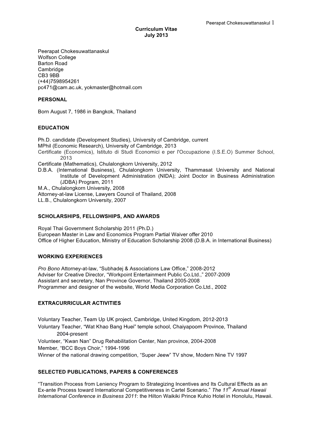 Curriculum Vitae July 2013 Peerapat