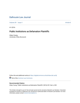 Public Institutions As Defamation Plaintiffs