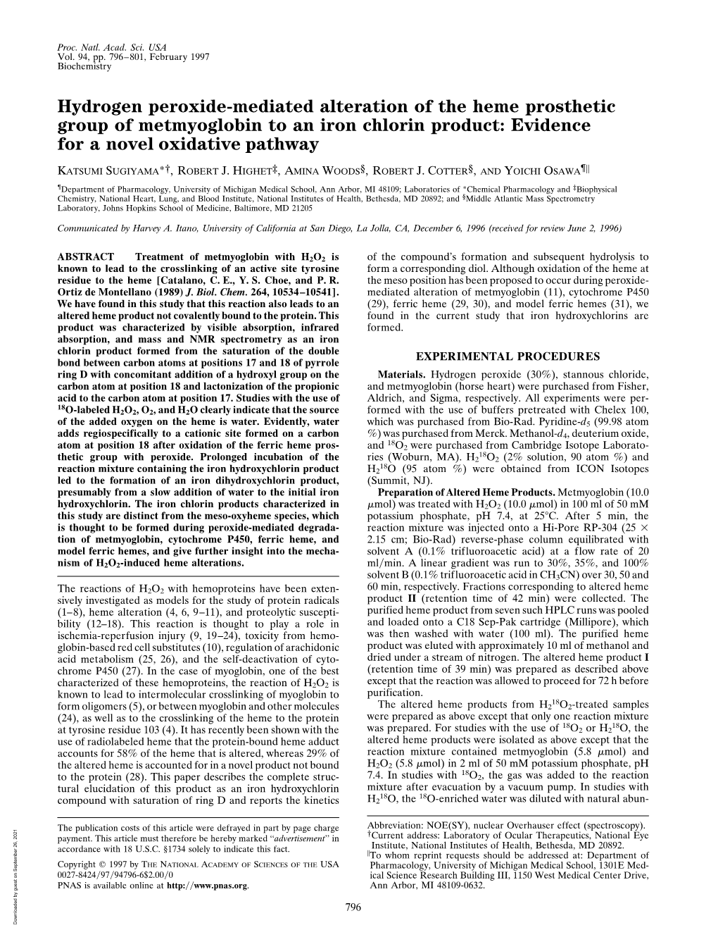 Hydrogen Peroxide-Mediated Alteration of the Heme Prosthetic Group of Metmyoglobin to an Iron Chlorin Product: Evidence for a Novel Oxidative Pathway