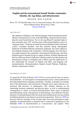 English and the Transnational Ismaili Muslim Community: Identity, the Aga