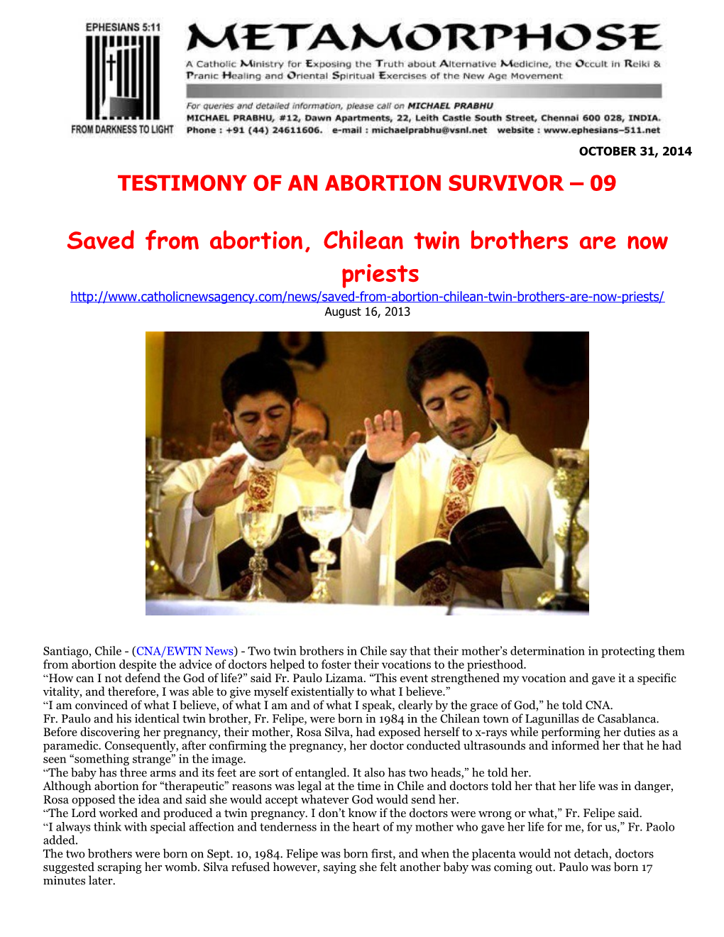 Saved from Abortion, Chilean Twin Brothers Are Now Priests