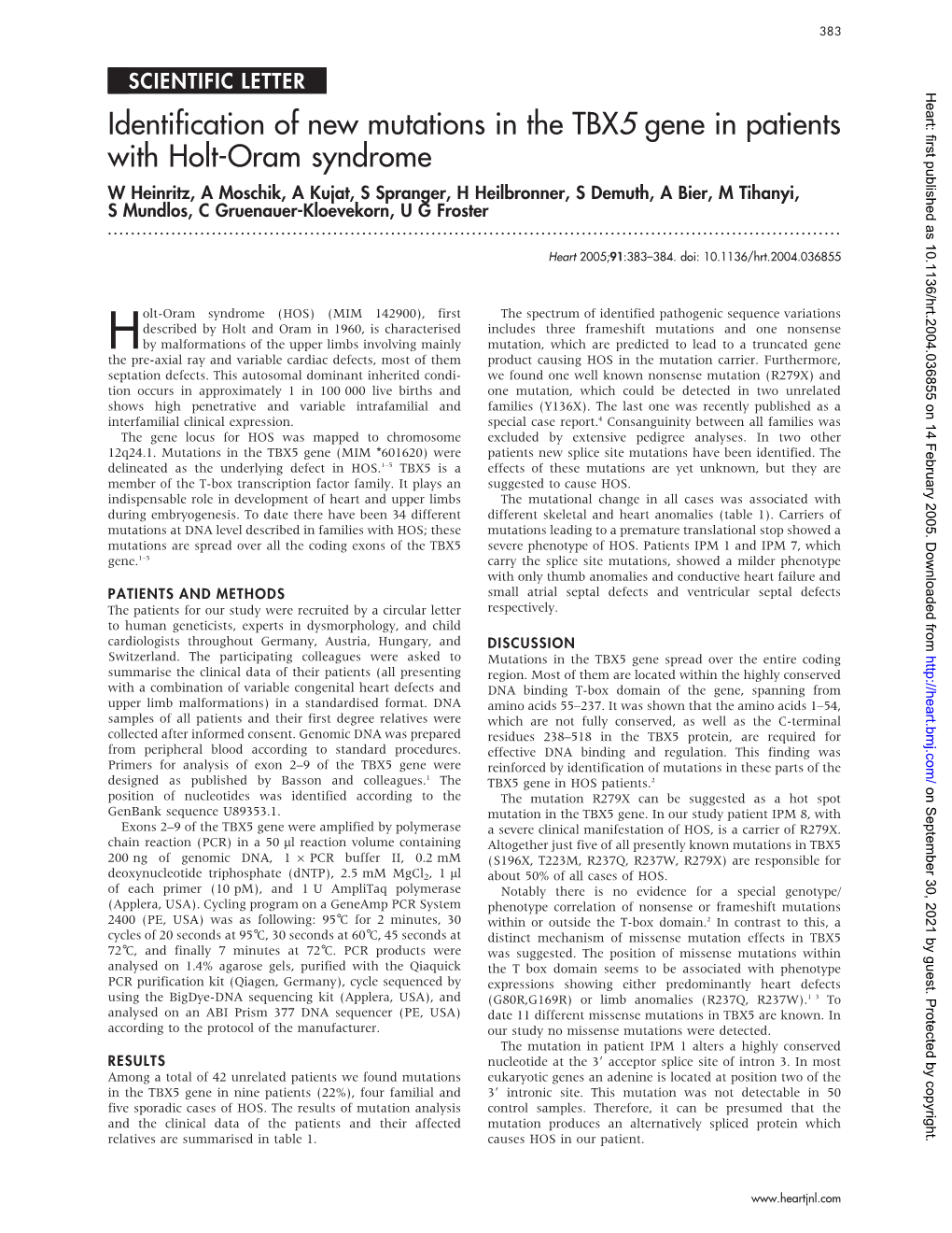 Identification of New Mutations in the TBX5 Gene in Patients with Holt