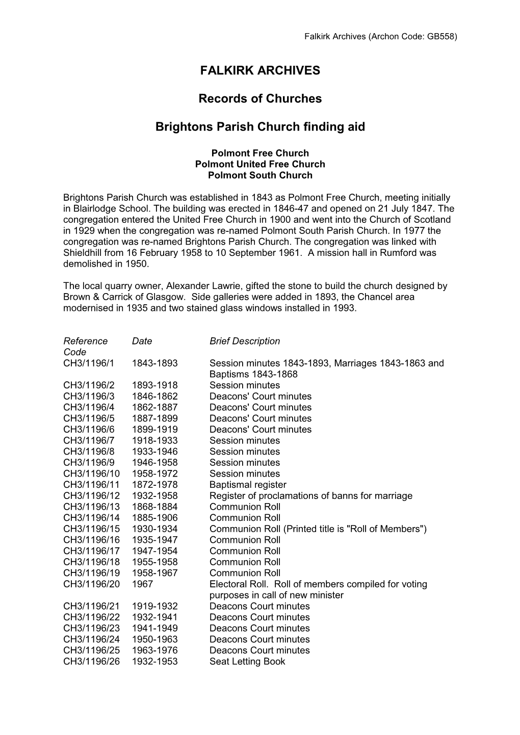 Brightons Parish Church Finding Aid