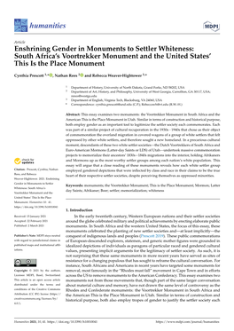 Enshrining Gender in Monuments to Settler Whiteness: South Africa’S Voortrekker Monument and the United States’ This Is the Place Monument