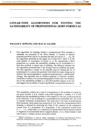 Linear-Time Algorithms for Testing the Satisfiability of Propositional Horn Formulae