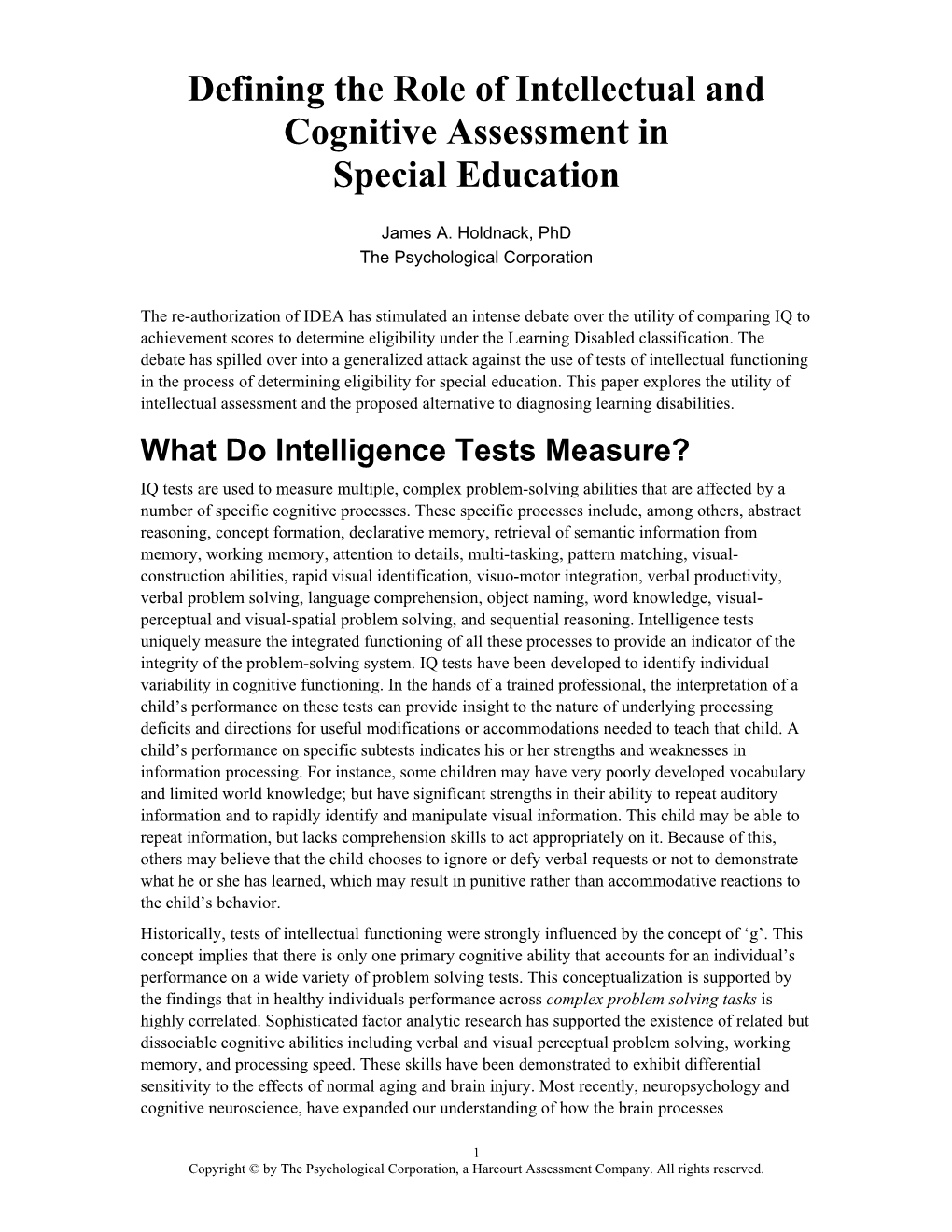 Defining the Role of Intellectual and Cognitive Assessment in Special Education