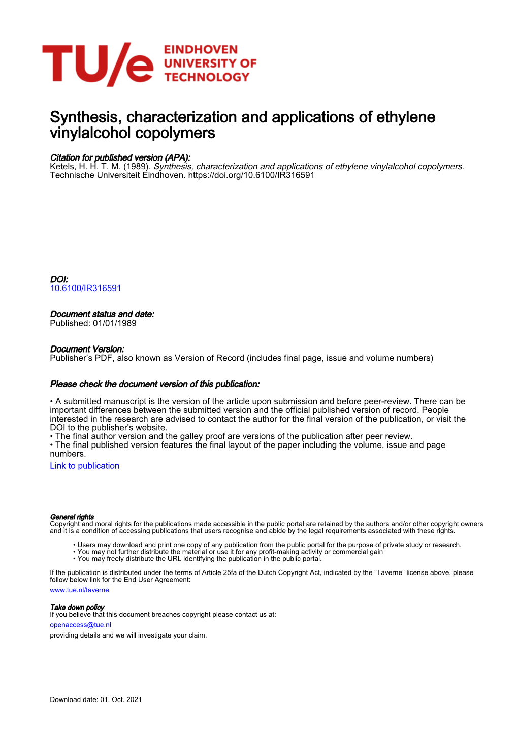 Synthesis, Characterization and Applications of Ethylene Vinylalcohol Copolymers