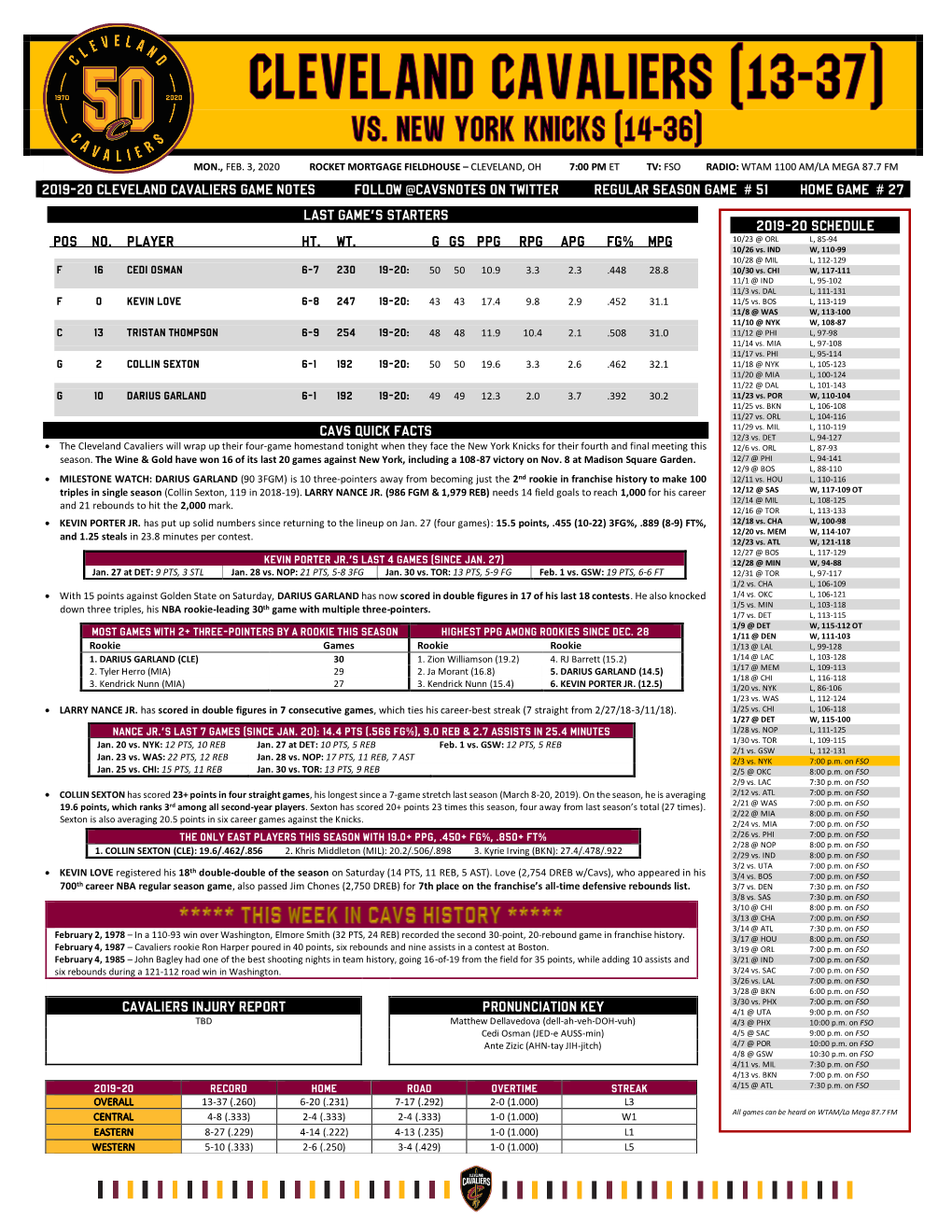 2019-20 Cleveland Cavaliers Game Notes Follow @Cavsnotes on Twitter Regular Season Game # 51 Home Game # 27