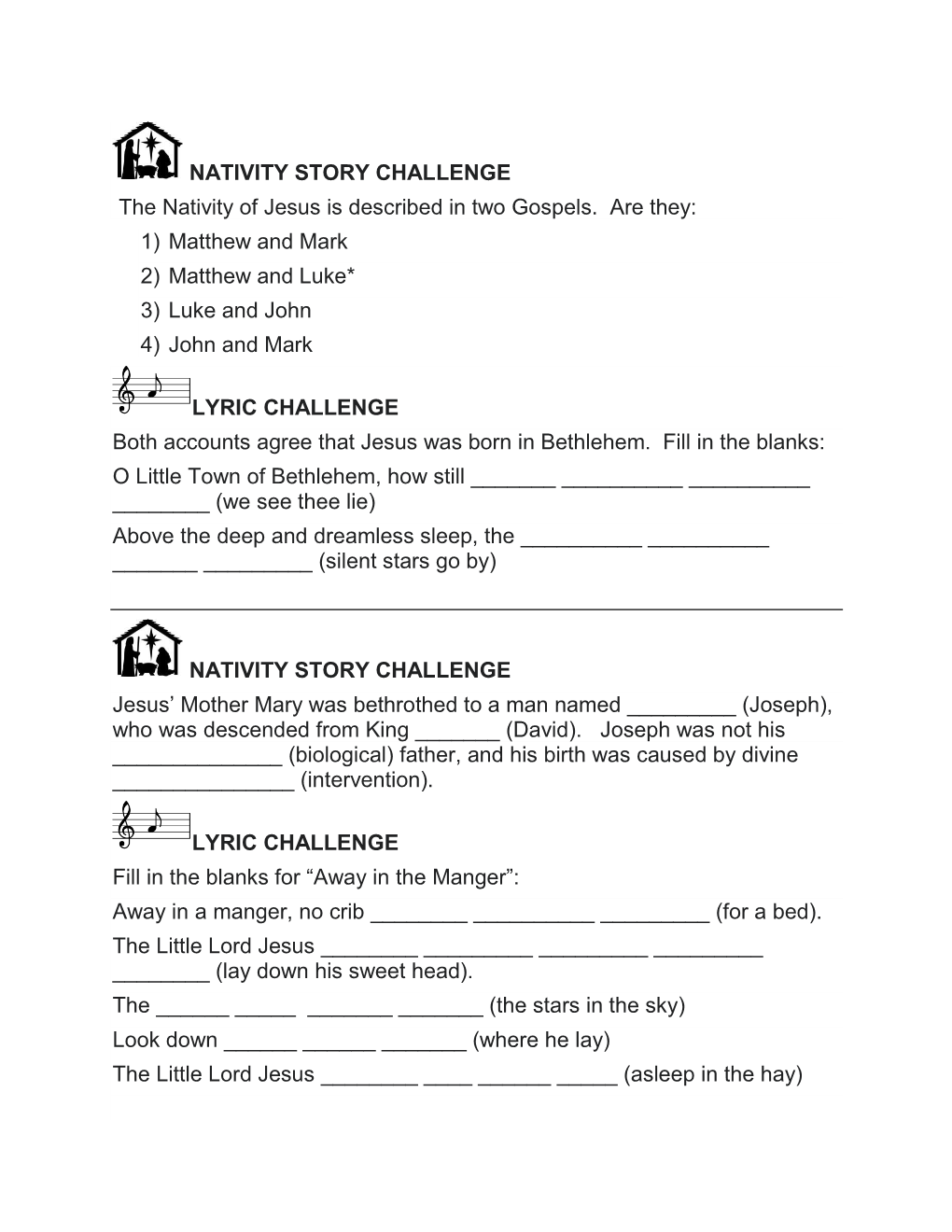 The Nativity of Jesus Challenge Cards