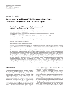 Integument Mycobiota of Wild European Hedgehogs (Erinaceus Europaeus) from Catalonia, Spain
