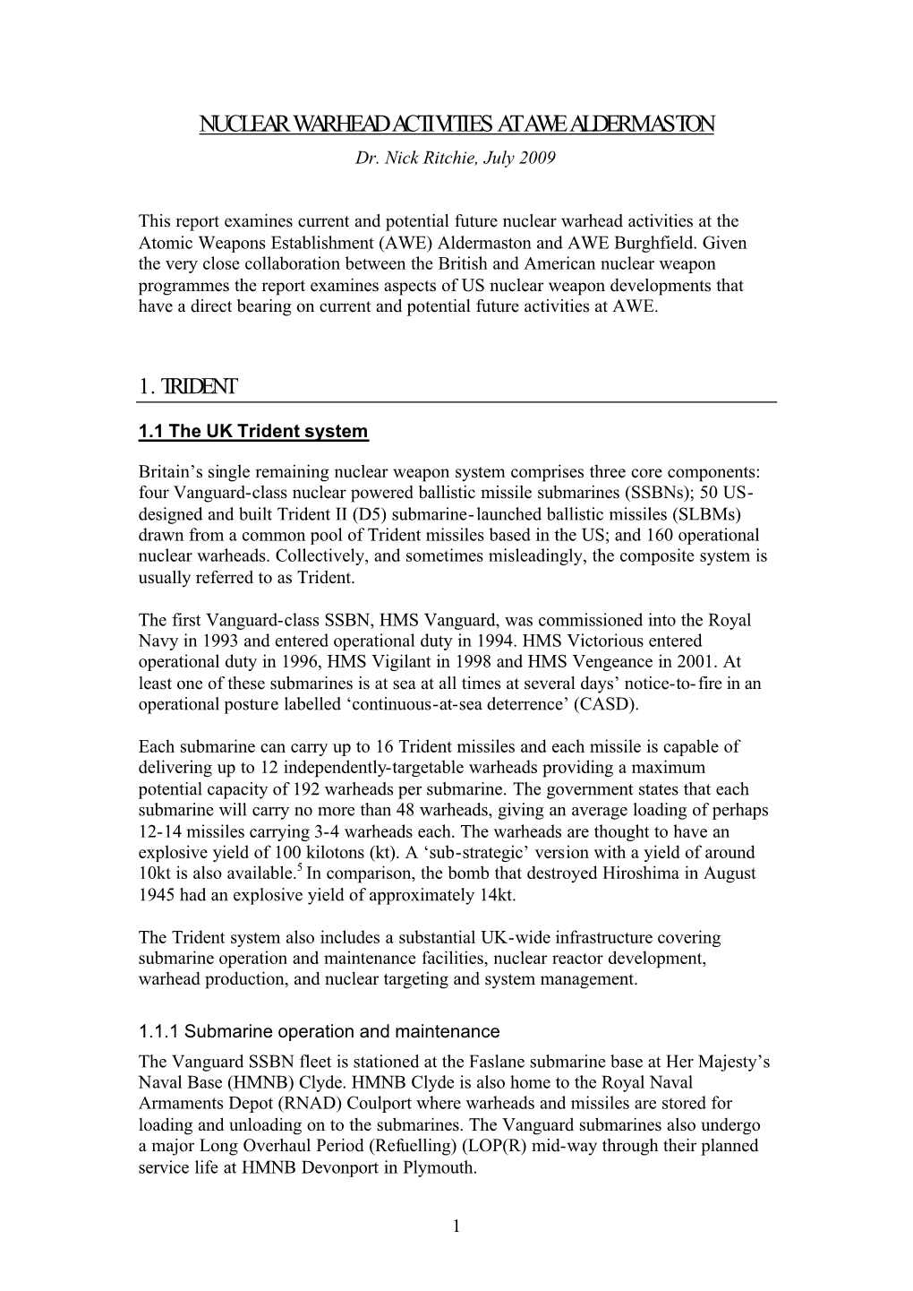 NUCLEAR WARHEAD ACTIVITIES at AWE ALDERMASTON Dr