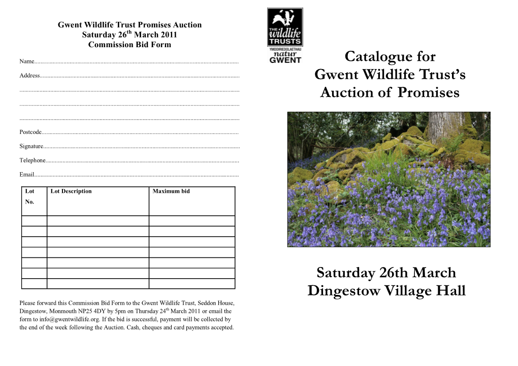 Catalogue for Gwent Wildlife Trust's Auction of Promises Saturday 26Th