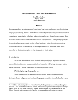 Heritage Languages Among South Asian Americans Bryn Mawr College Spring 2014 Karuna Doraiswamy Abstract* This Thesis Explores Se
