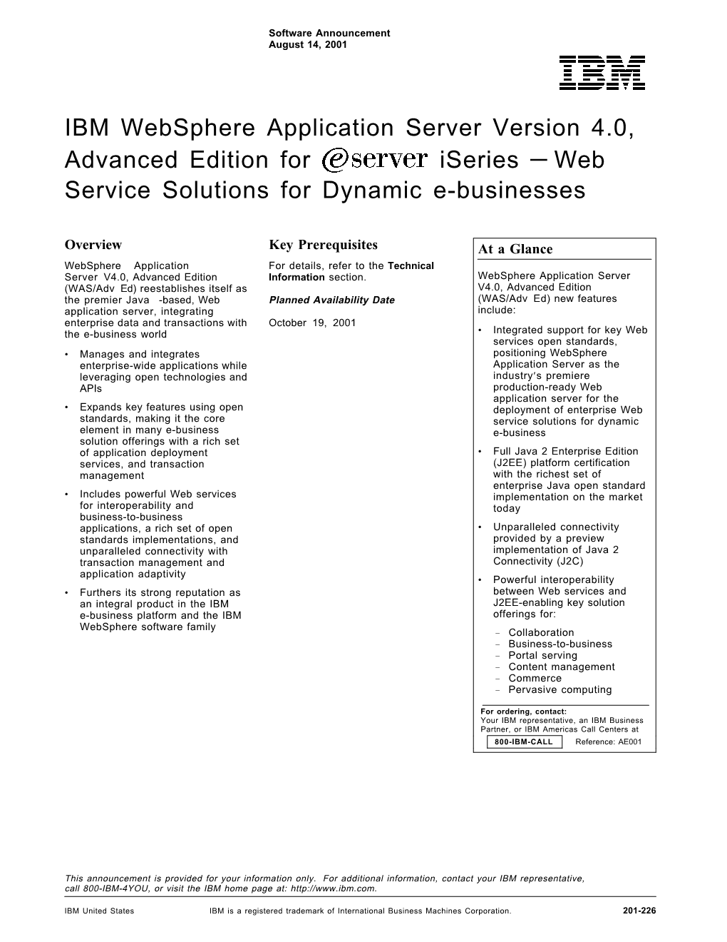 IBM Websphere Application Server Version 4.0, Advanced Edition for Iseries — Web Service Solutions for Dynamic E-Businesses