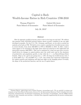 Capital Is Back: Wealth-Income Ratios in Rich Countries 1700-2010