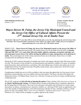 Mayor Steven M. Fulop, the Jersey City Municipal Council and the Jersey City Office of Cultural Affairs Present the 27Th Annual Jersey City Art & Studio Tour