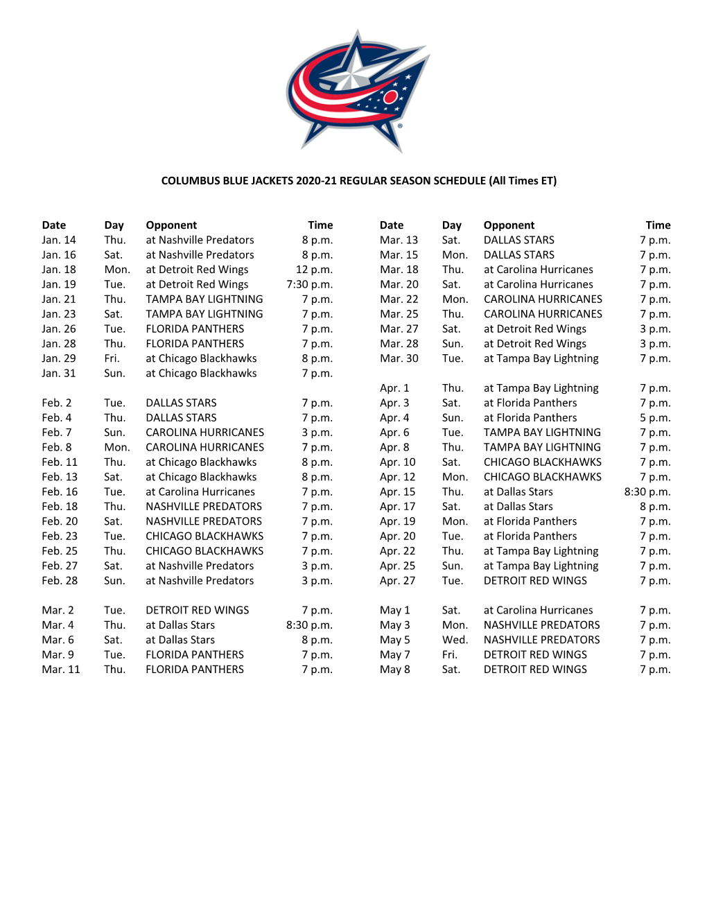 COLUMBUS BLUE JACKETS 2020-21 REGULAR SEASON SCHEDULE (All Times ET)