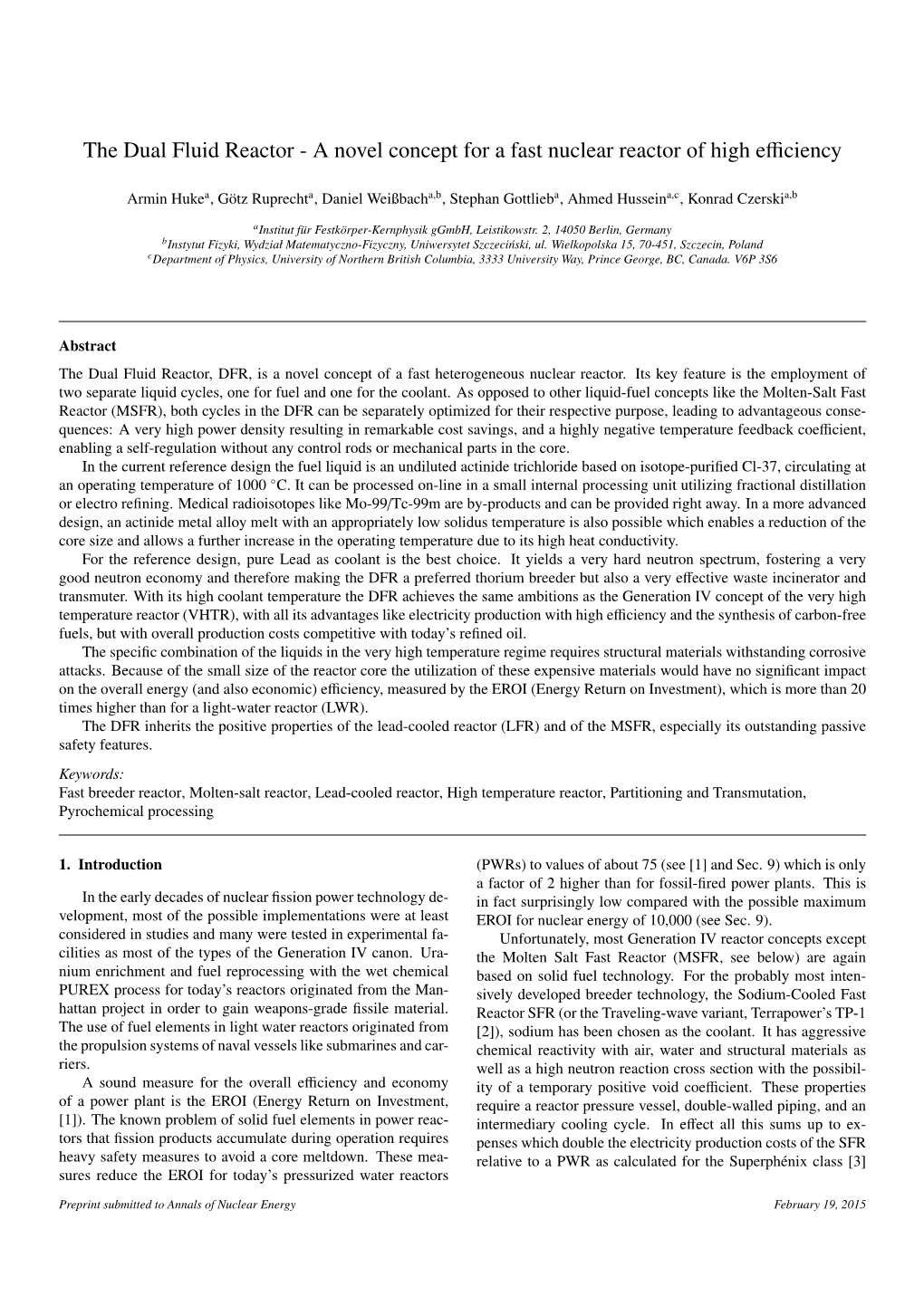 A Novel Concept for a Fast Nuclear Reactor of High Efficiency