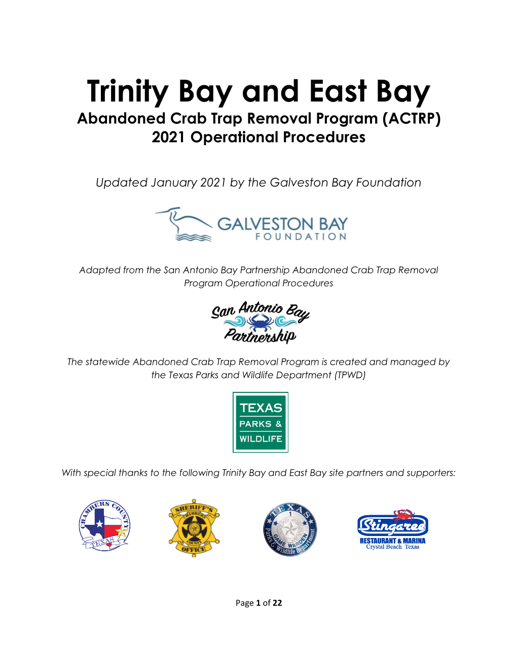 Trinity Bay and East Bay Abandoned Crab Trap Removal Program (ACTRP) 2021 Operational Procedures