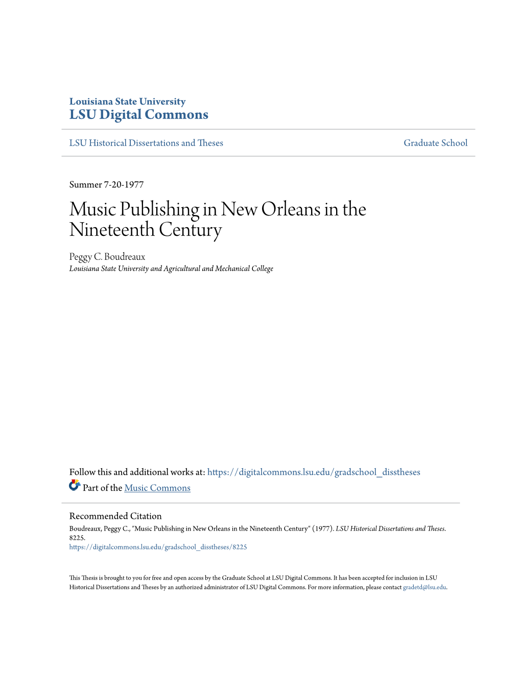 Music Publishing in New Orleans in the Nineteenth Century Peggy C