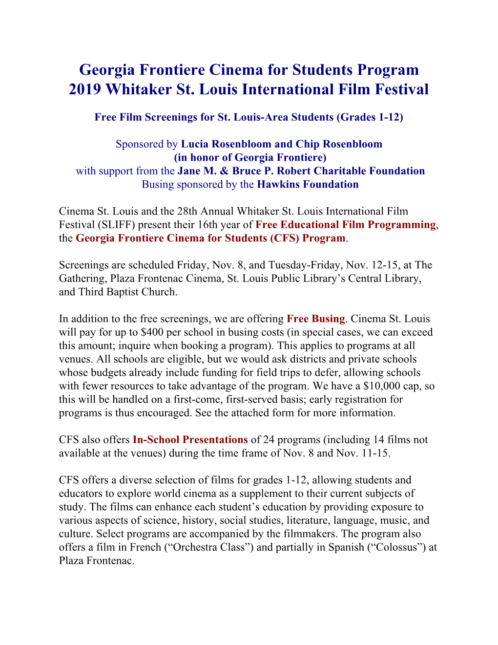 Georgia Frontiere Cinema for Students Program 2019 Whitaker St