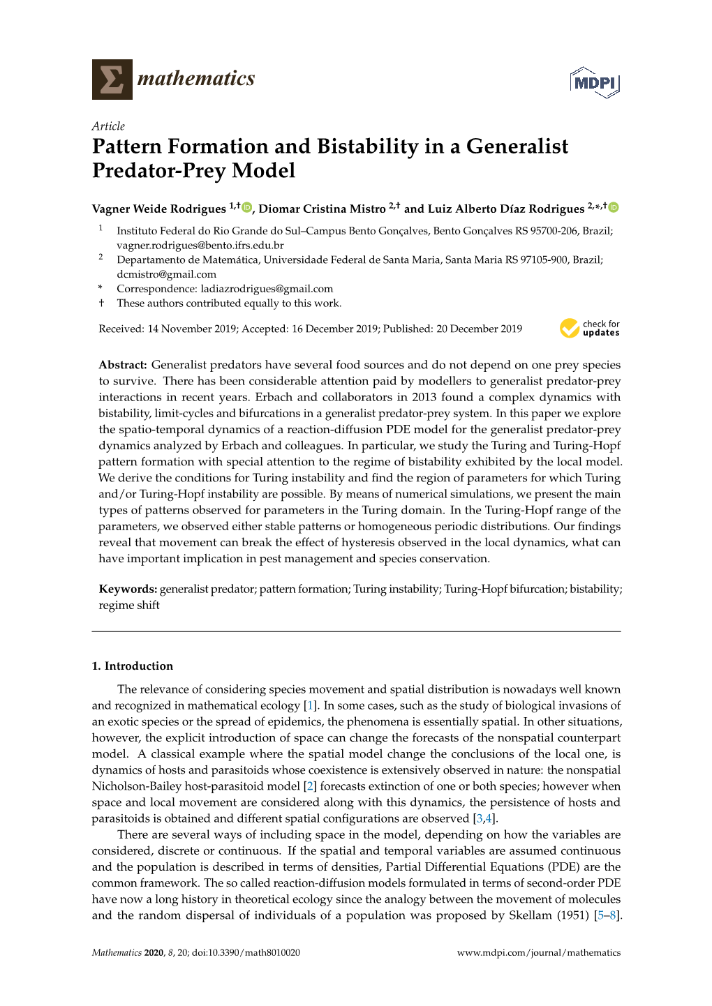 Pattern Formation and Bistability in a Generalist Predator-Prey Model