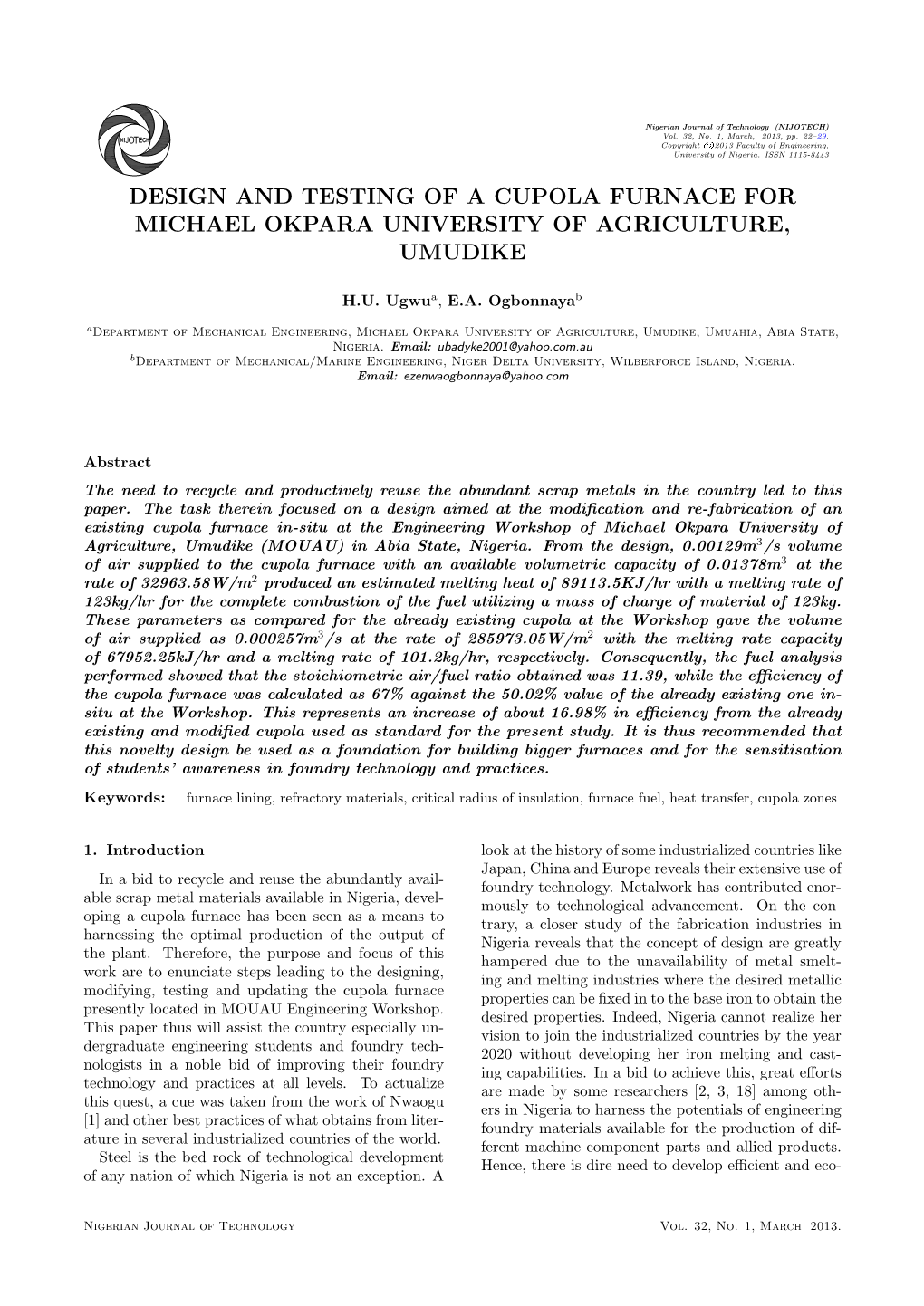 Design and Testing of a Cupola Furnace for Michael Okpara University of Agriculture, Umudike