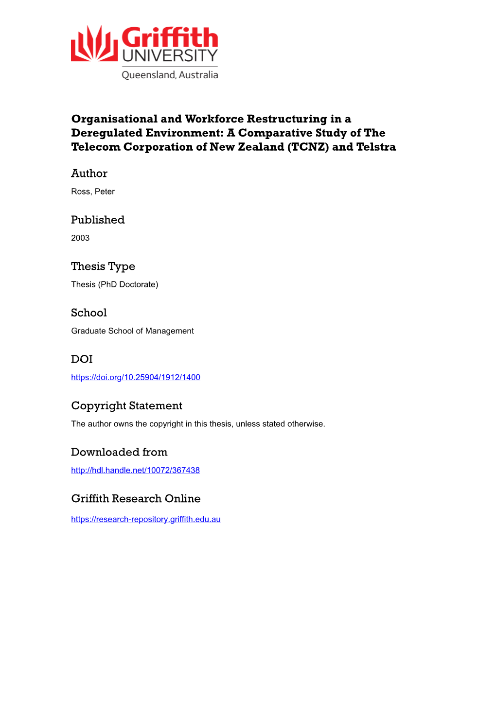 Organisational and Workforce Restructuring in a Deregulated Environment: a Comparative Study of the Telecom Corporation of New Zealand (TCNZ) and Telstra