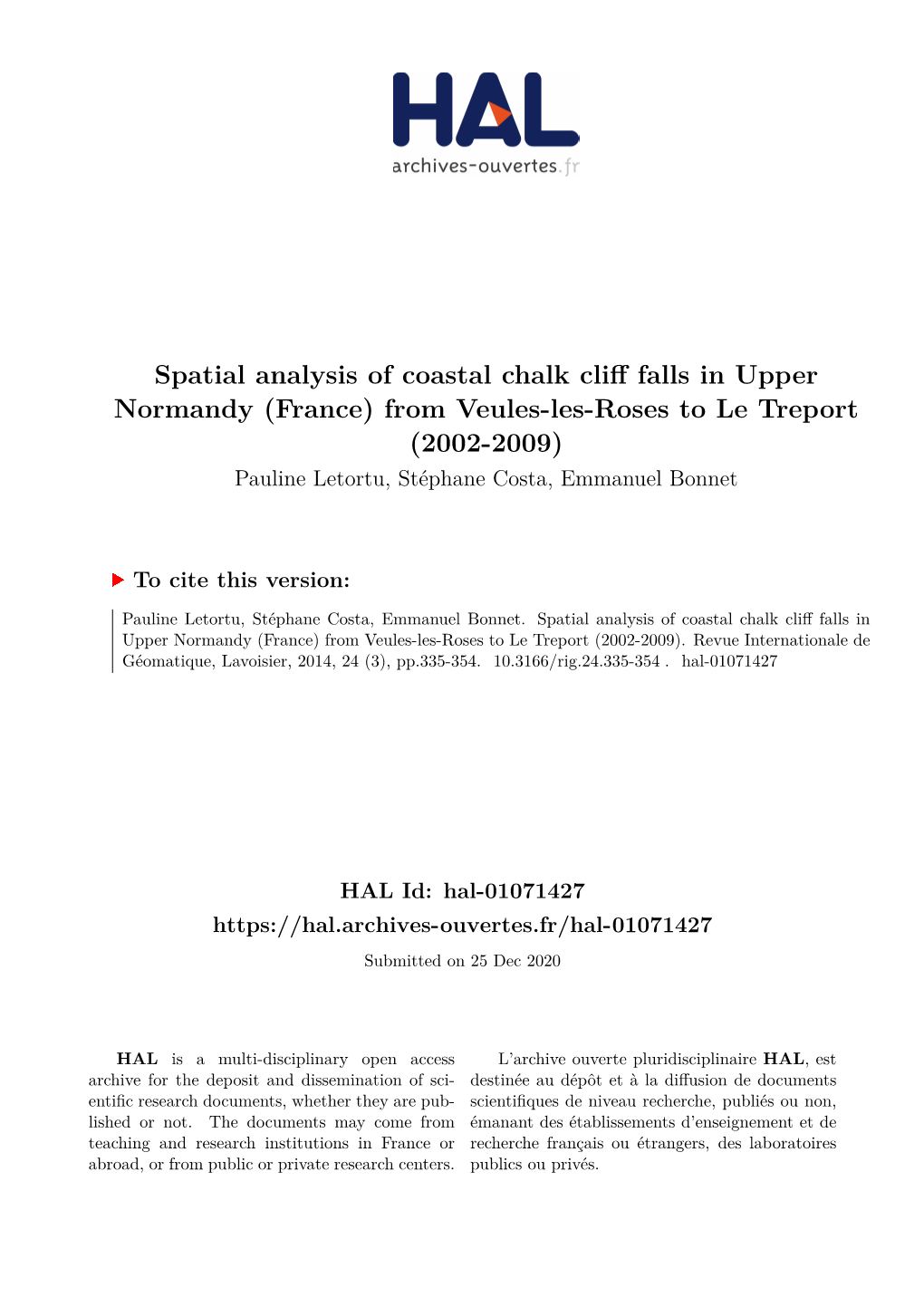 Spatial Analysis of Coastal Chalk Cliff Falls in Upper Normandy