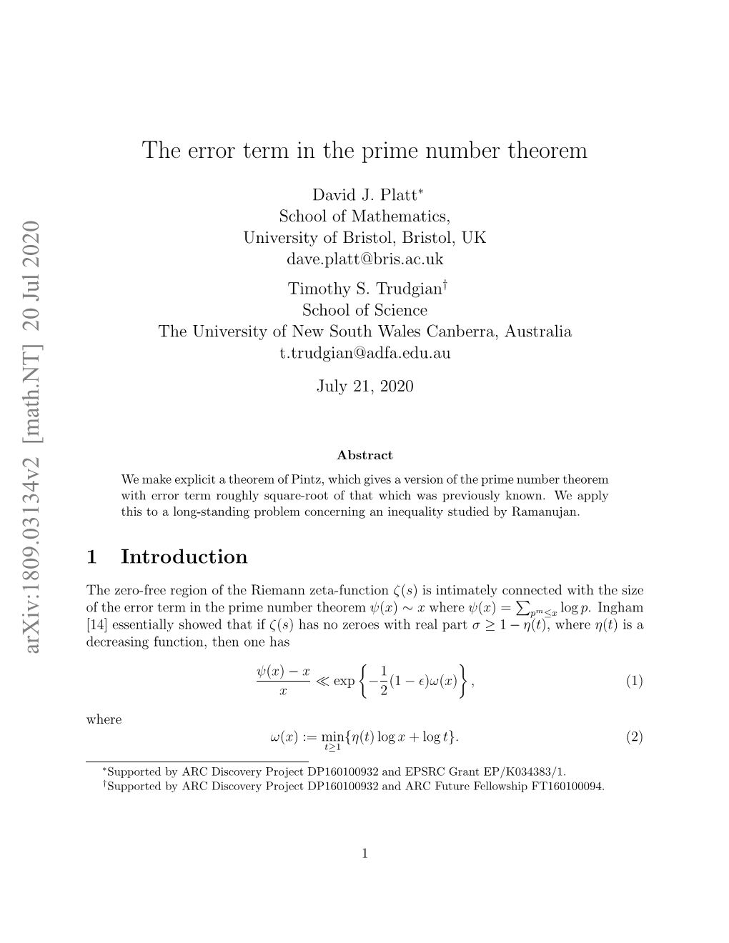 [Math.NT] 20 Jul 2020 the Error Term in the Prime Number Theorem