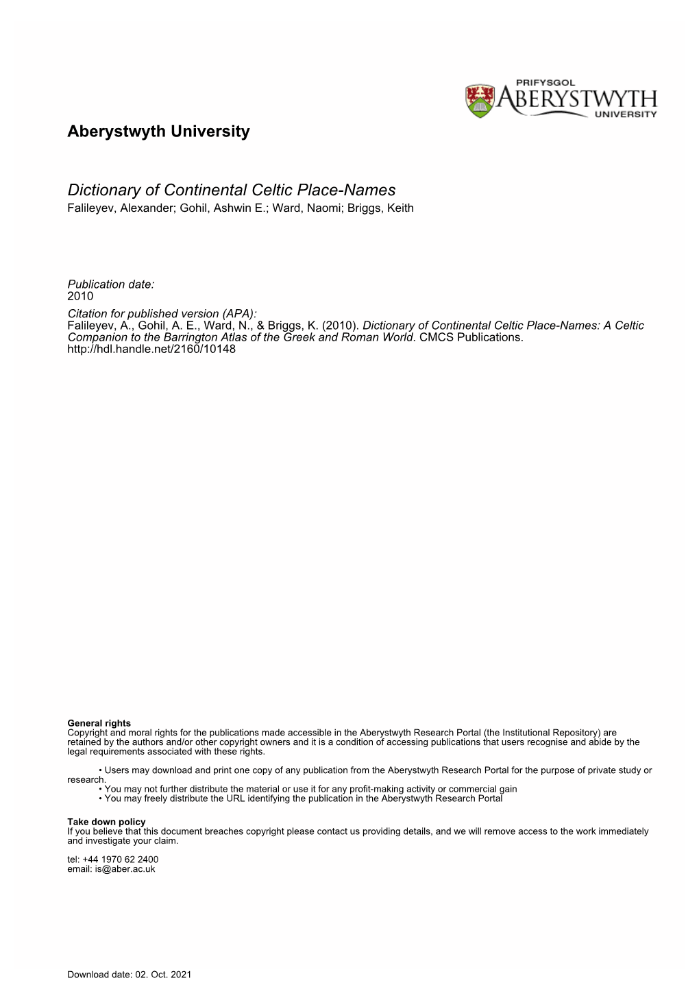 Aberystwyth University Dictionary of Continental Celtic Place-Names