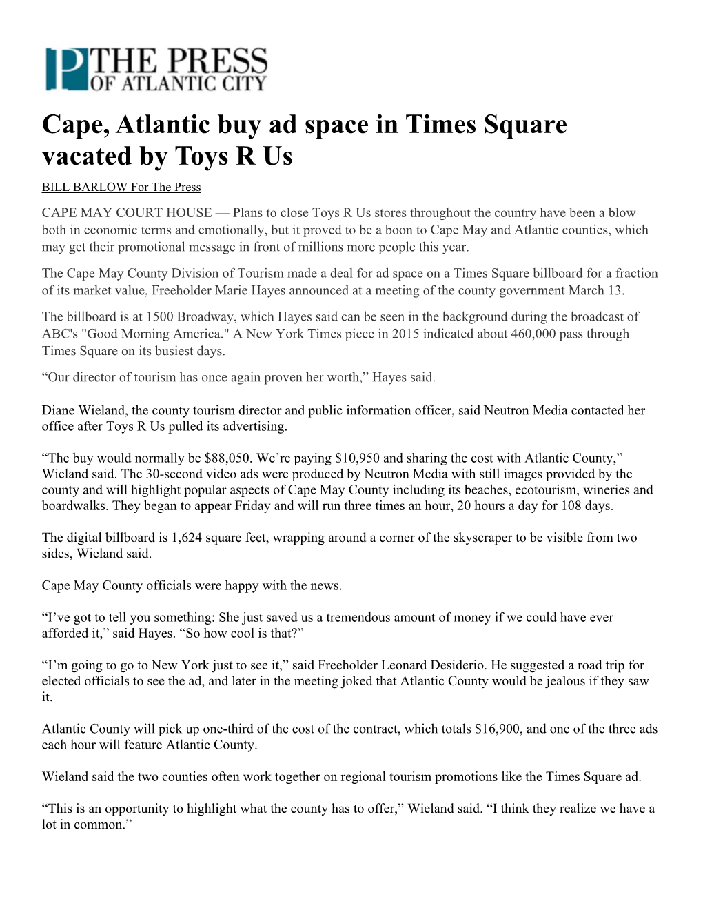 Cape, Atlantic Buy Ad Space in Times Square Vacated by Toys R Us