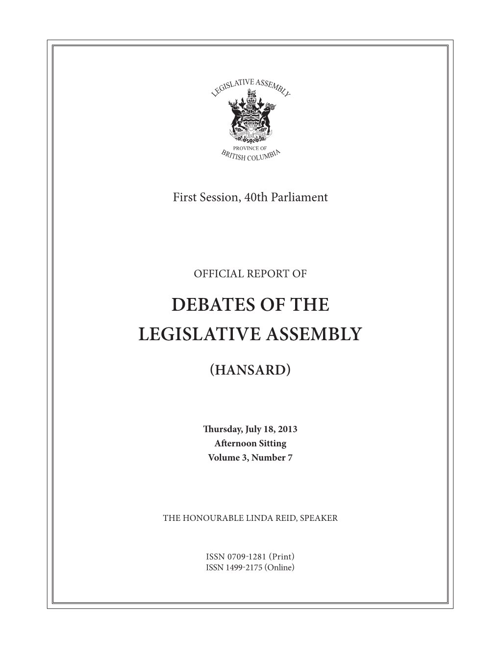 Debates of the Legislative Assembly