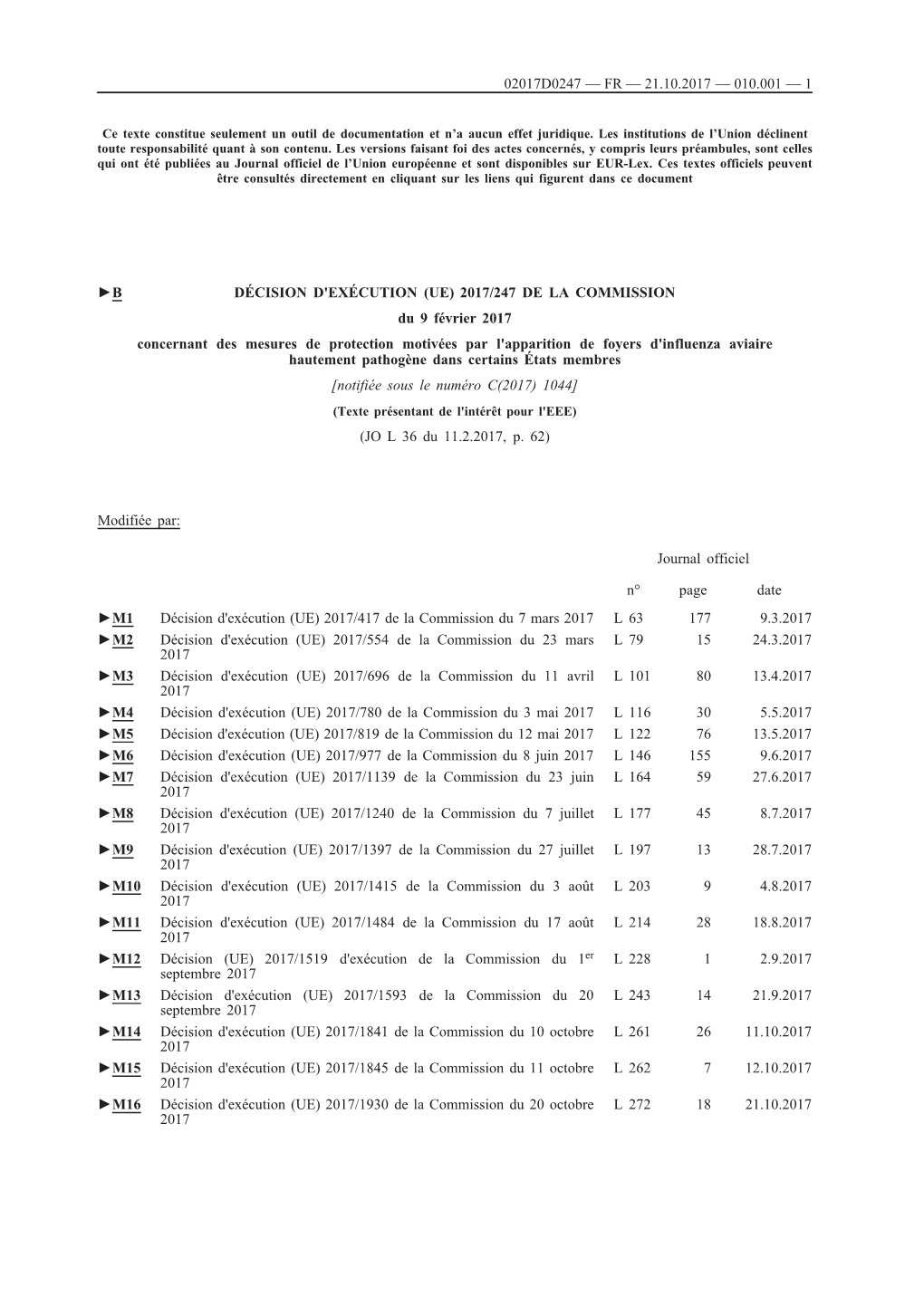 B DÉCISION D'exécution (UE) 2017/247 DE LA COMMISSION Du 9 Février 2017 Concernant Des Mesures De Protection Motivées