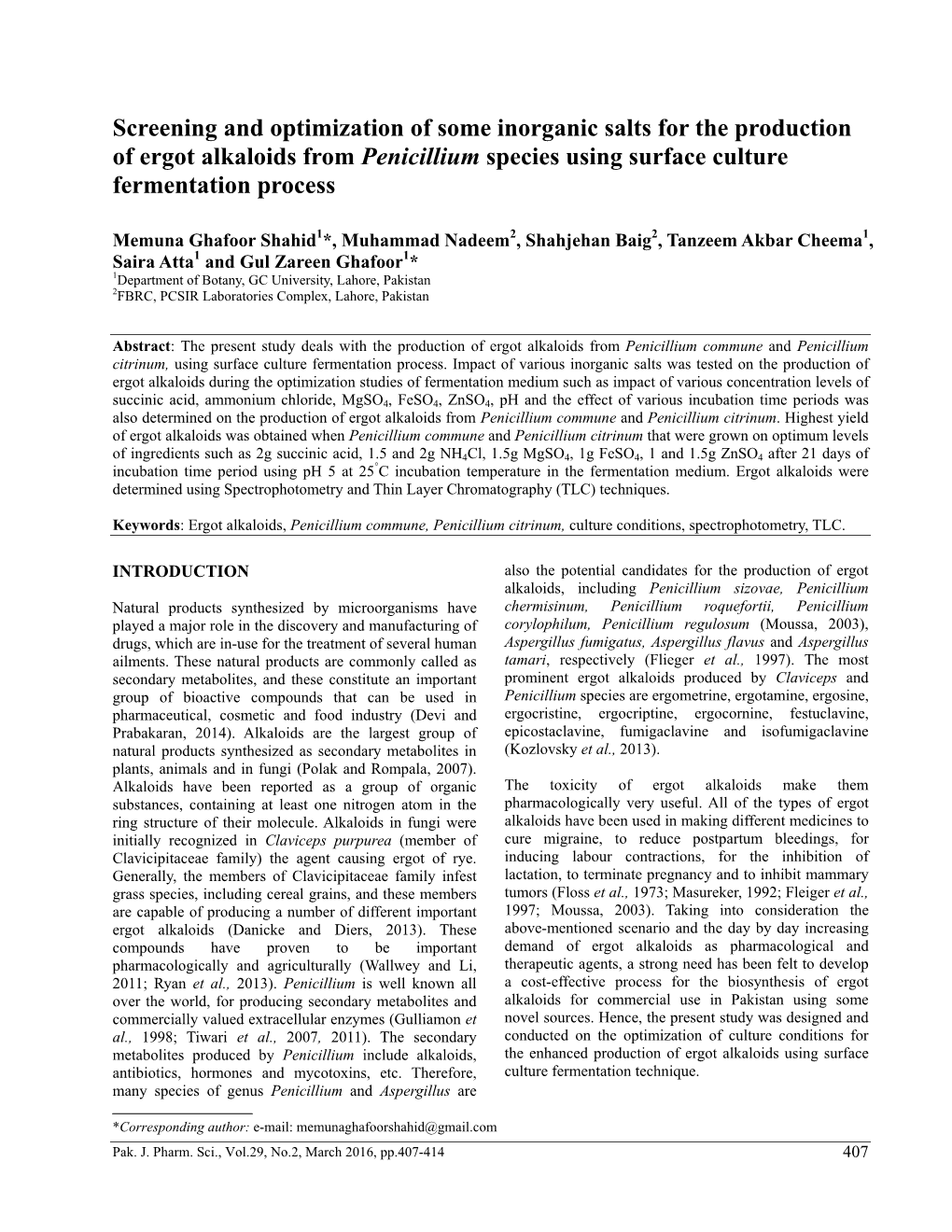 Screening and Optimization of Some Inorganic Salts for the Production of Ergot Alkaloids from Penicillium Species Using Surface Culture Fermentation Process