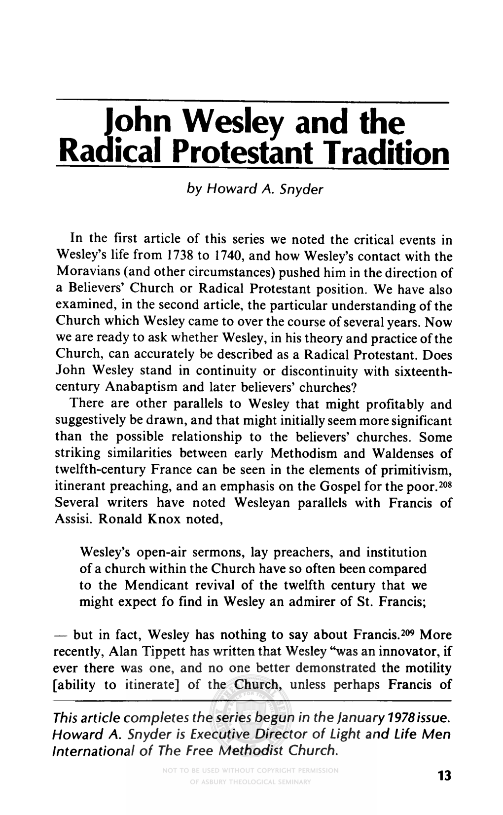 John Wesley and the Radical Protestant Tradition