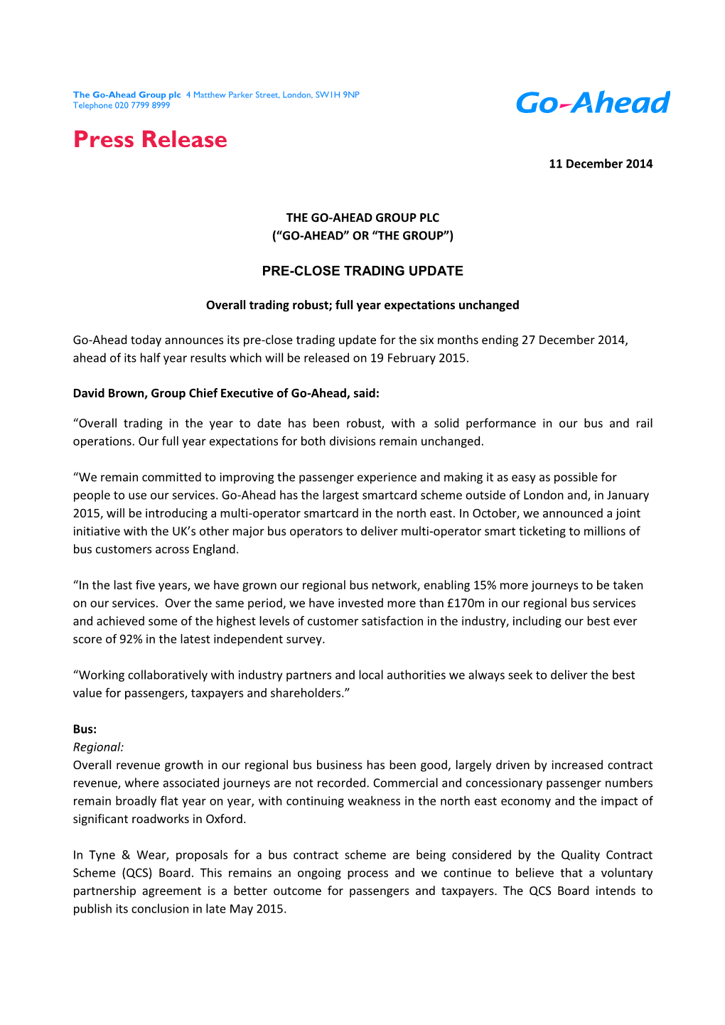 Press Release 11 December 2014